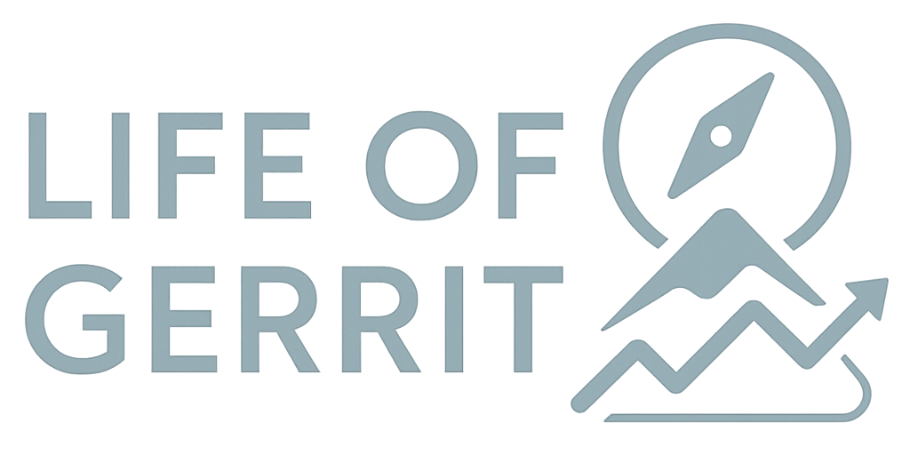 Logo von Life of Gerrit Blog, Kompass, Berg, Chartpfeil, Wachstumspfeil nach oben