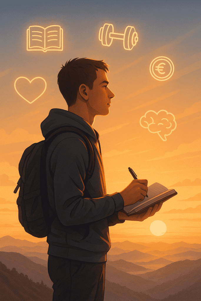 Person am Berggipfel bei Sonnenaufgang mit Symbolen für Selbstentwicklung