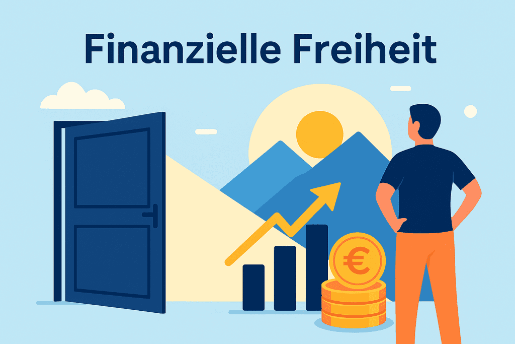 Finanzielle Freiheit und Unabhängigkeit, Person mit Bergen, Chart, Geld, Tür und Licht