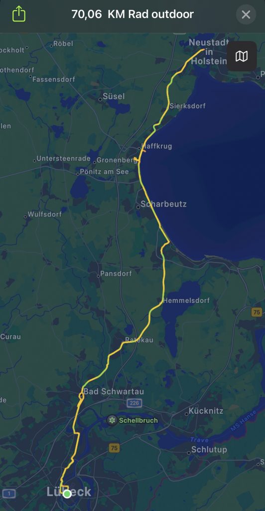 Aufgezeichnete Strecke von Lübeck nach Neustadt in Holstein an der Ostsee entlang