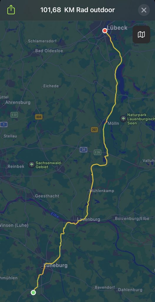 Aufgezeichnete Radstrecke, Lüneburg Süd, Mölln und Hansestadt Lübeck mit der Apple Watch 100 km