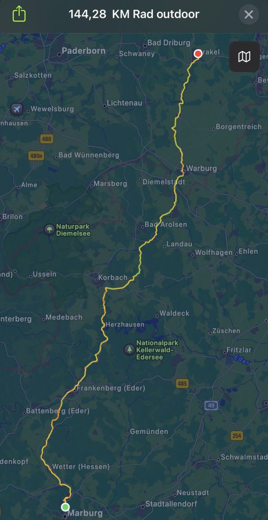 Aufgezeichnete Radtour von Marburg nach Brakel mit der Apple Watch
