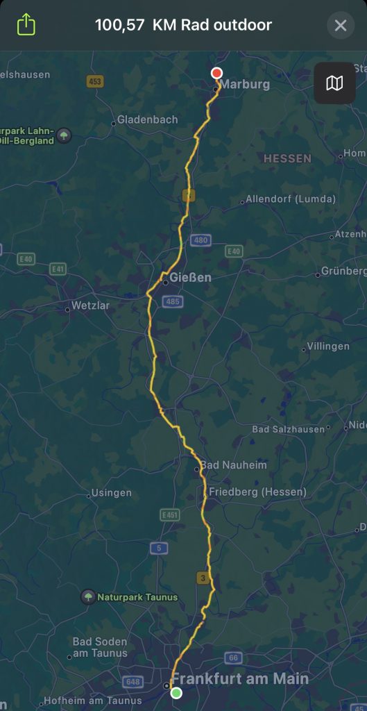 Gefahrene Radtour von Frankfurt nach Marburg, aufgezeichnet mit der Apple Watch