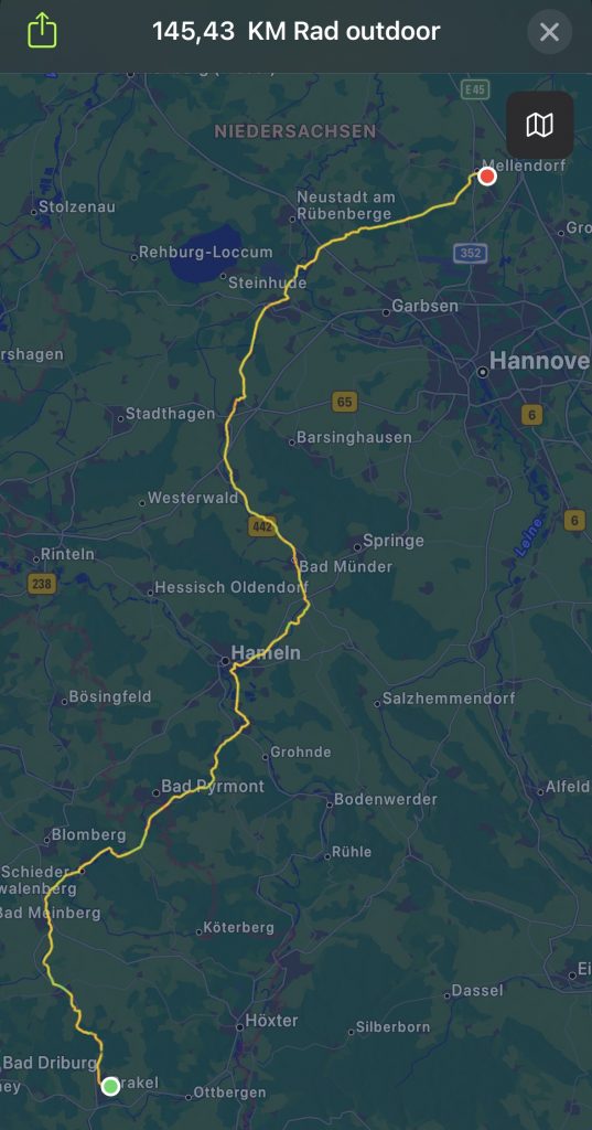Aufgezeichnete Radtour von Brakel nach Mellendorf, mit der Apple Watch
