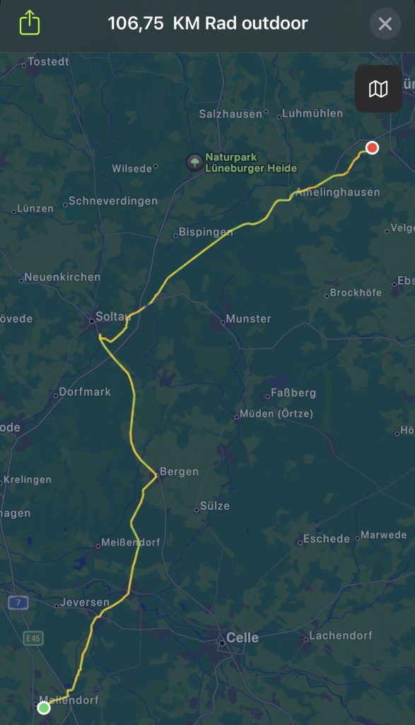 Aufgezeichnete Fahrradtour von Mellendorf nach Lüneburg Süd mit der Apple Watch